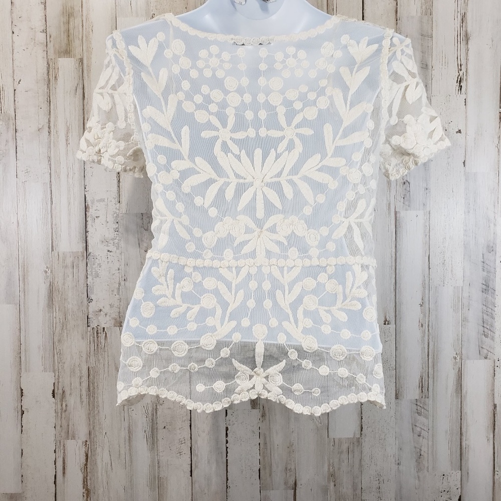 ZARA Collection Womens Top Ivory Sheer Mesh Floral - Picture 6 of 7